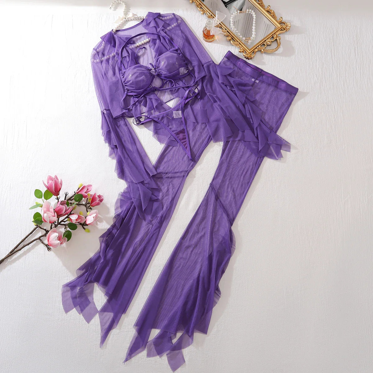 Summer Four Piece Solid Color Mesh Open Skirt Mini Beach Wear Holiday Travel Dress Long Pants Set