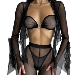 Summer Four Piece Solid Color Mesh Open Skirt Mini Beach Wear Holiday Travel Dress Long Pants Set