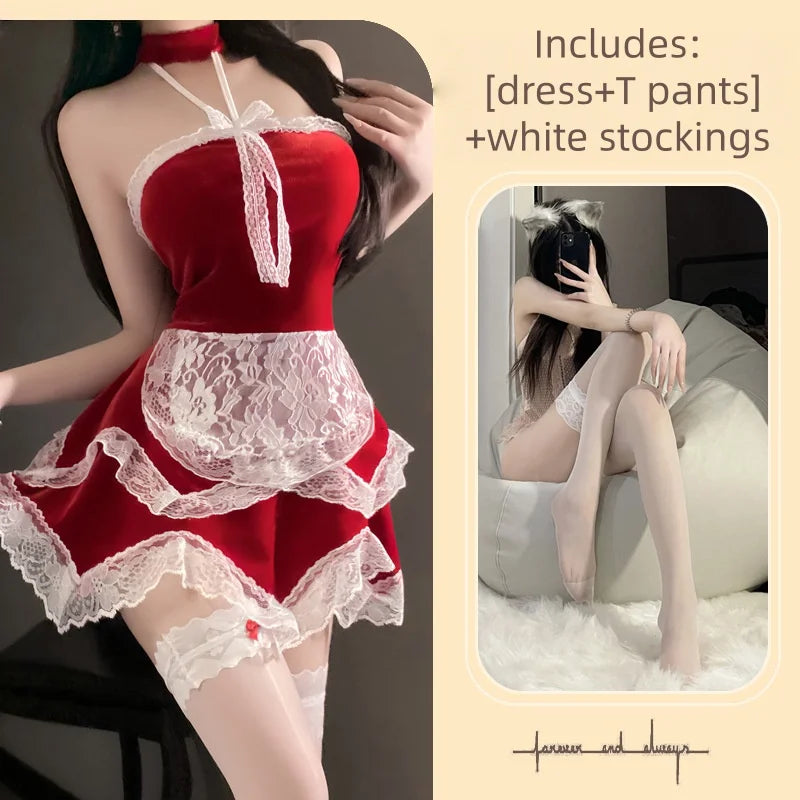 Suspender Dress Backless Sleeveless Flirtatious Ruffle Lace Dress Velvet Necktie Maid Outfit Irregular Uniform Suit