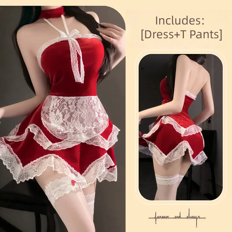 Suspender Dress Backless Sleeveless Flirtatious Ruffle Lace Dress Velvet Necktie Maid Outfit Irregular Uniform Suit