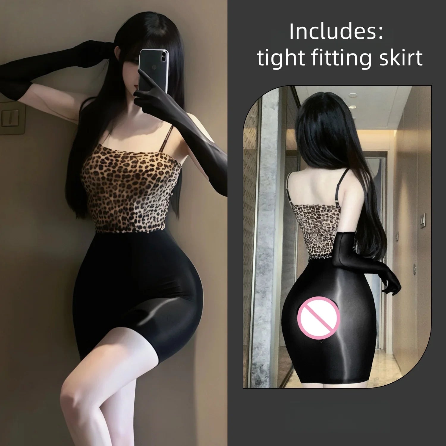 Suspender Dress Temptation Skirt Wrapped Hip Skirt Leopard Print Shiny Hip Hugging Skirt Tight Skirt Stockings Lingerie
