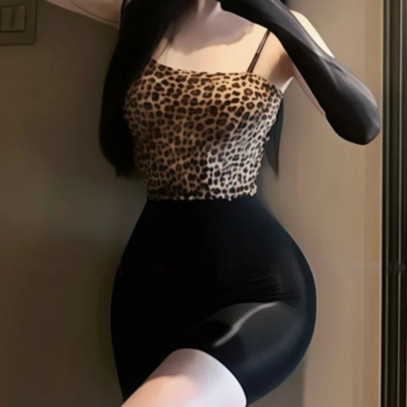 Suspender Dress Temptation Skirt Wrapped Hip Skirt Leopard Print Shiny Hip Hugging Skirt Tight Skirt Stockings Lingerie