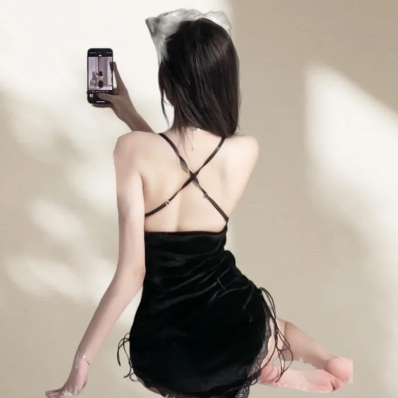 Sweet Short Skirt Backless Lace High-end Spicy Girl Velvet Strap Suspender Dress Home Nightgown Erotic Lingerie