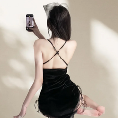 Sweet Short Skirt Backless Lace High-end Spicy Girl Velvet Strap Suspender Dress Home Nightgown Erotic Lingerie