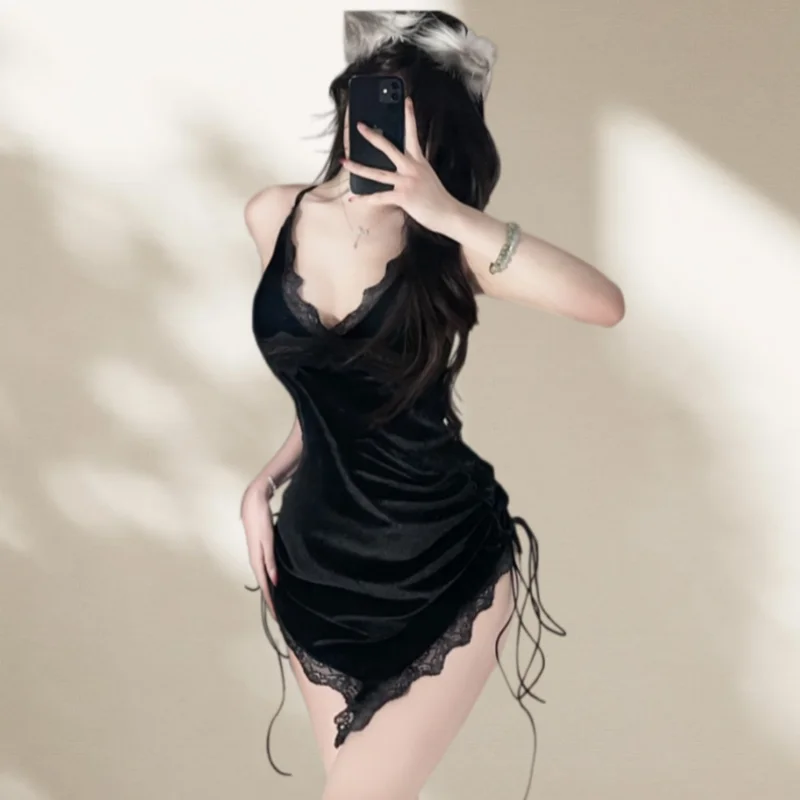 Sweet Short Skirt Backless Lace High-end Spicy Girl Velvet Strap Suspender Dress Home Nightgown Erotic Lingerie