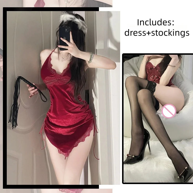 Sweet Short Skirt Backless Lace High-end Spicy Girl Velvet Strap Suspender Dress Home Nightgown Erotic Lingerie