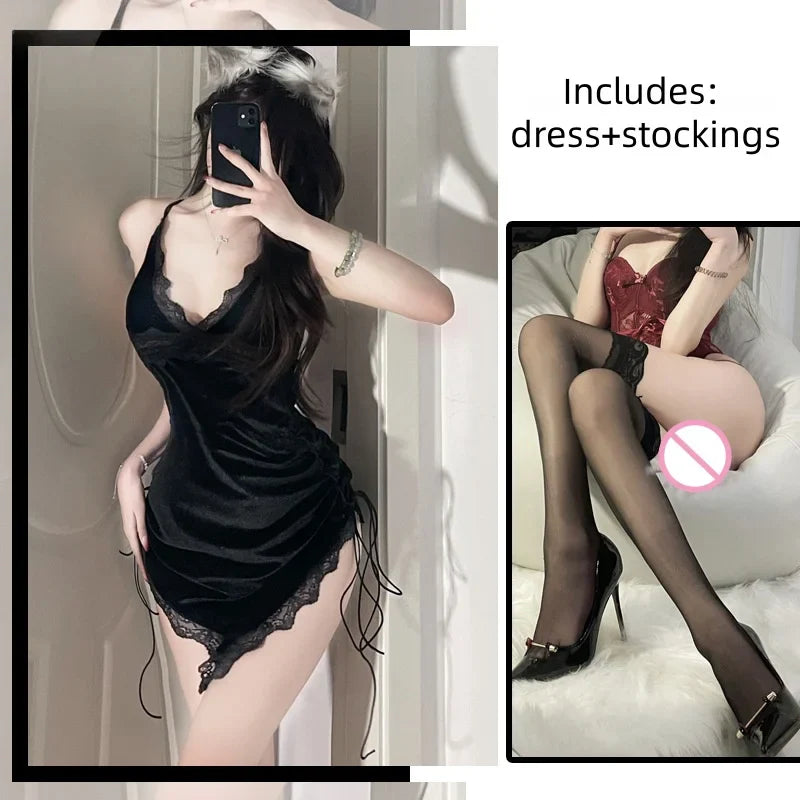 Sweet Short Skirt Backless Lace High-end Spicy Girl Velvet Strap Suspender Dress Home Nightgown Erotic Lingerie