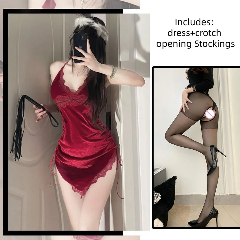 Sweet Short Skirt Backless Lace High-end Spicy Girl Velvet Strap Suspender Dress Home Nightgown Erotic Lingerie