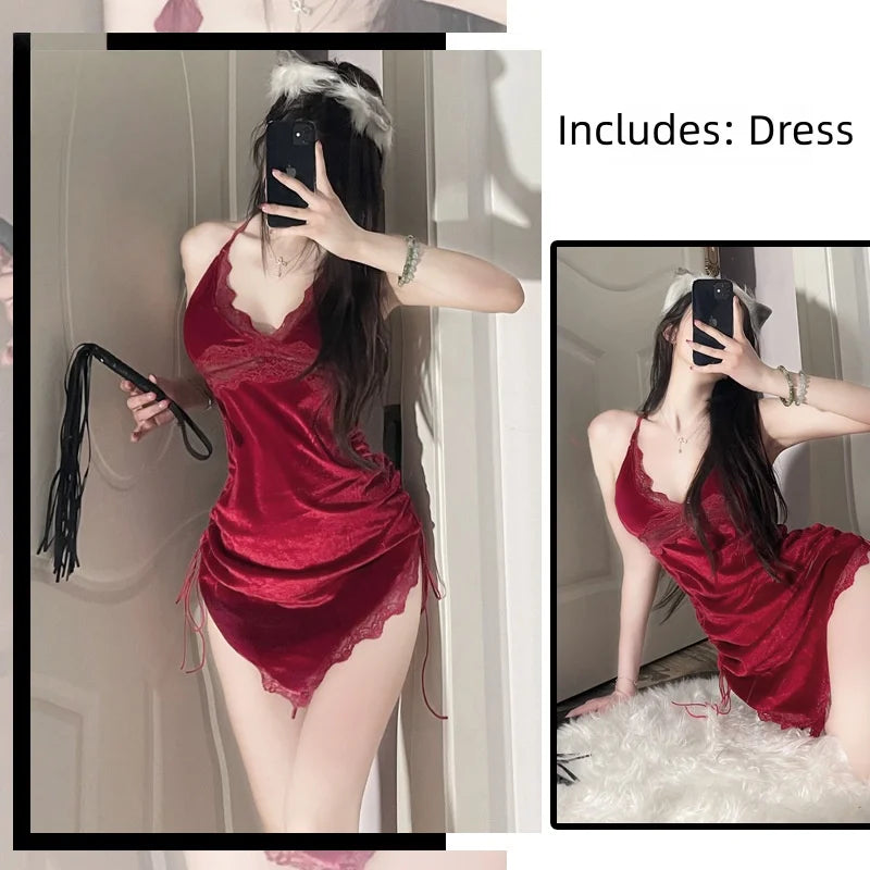 Sweet Short Skirt Backless Lace High-end Spicy Girl Velvet Strap Suspender Dress Home Nightgown Erotic Lingerie