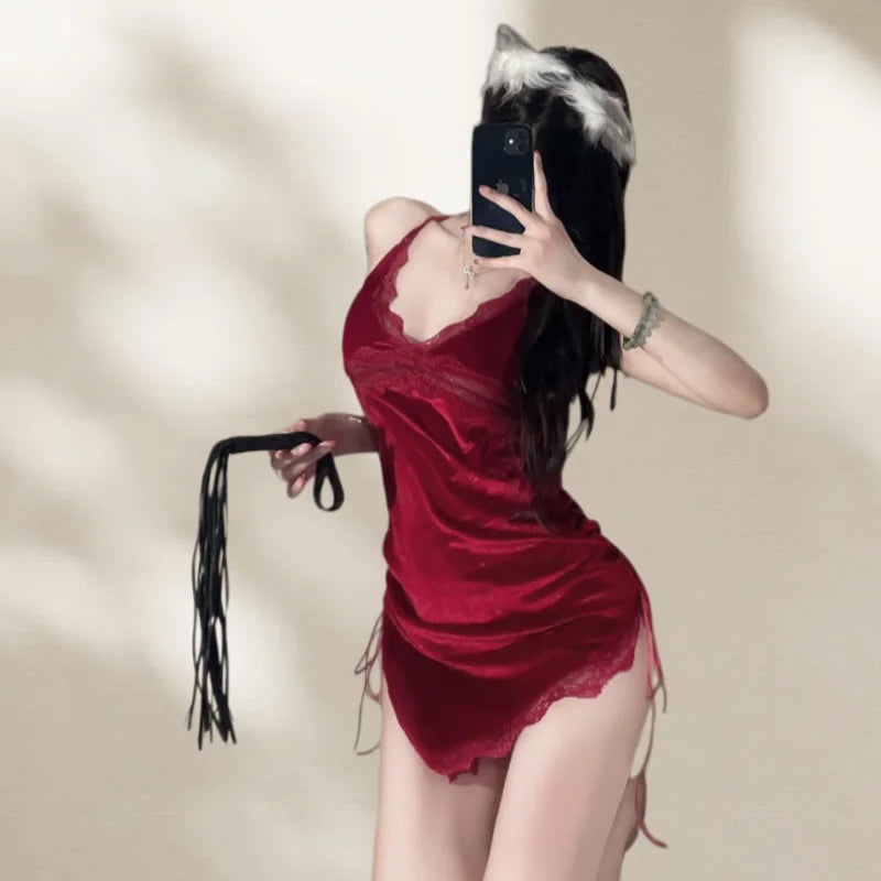Sweet Short Skirt Backless Lace High-end Spicy Girl Velvet Strap Suspender Dress Home Nightgown Erotic Lingerie