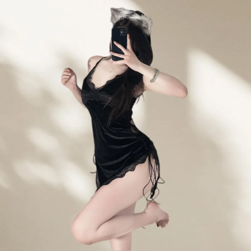 Sweet Short Skirt Backless Lace High-end Spicy Girl Velvet Strap Suspender Dress Home Nightgown Erotic Lingerie