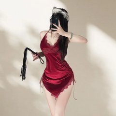 Sweet Short Skirt Backless Lace High-end Spicy Girl Velvet Strap Suspender Dress Home Nightgown Erotic Lingerie