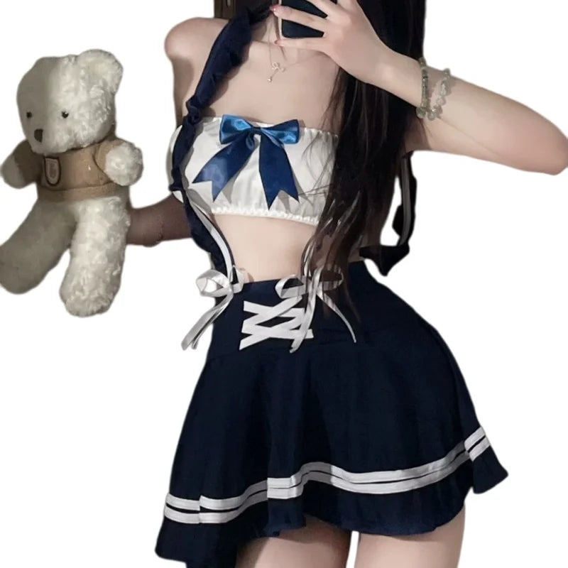 Sweet Short Skirt Backless Lace Lingerie Uniform Set Tempting Chest Hugging Suspender Skirt Cute Maid Role-playing Woman