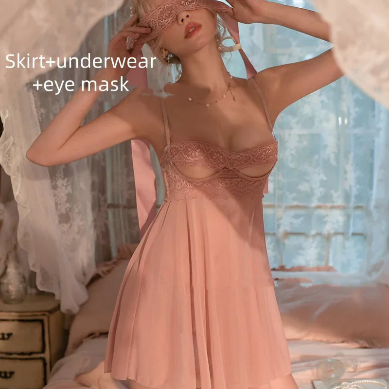 Sweet Temptation Flirtatious Sleeveless Suspender dress Slit Backless Summer Thin Lace Home wear nightgown lingerie