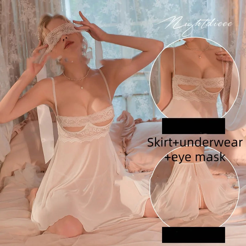 Sweet Temptation Flirtatious Sleeveless Suspender dress Slit Backless Summer Thin Lace Home wear nightgown lingerie