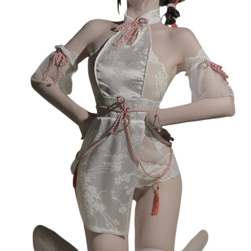 Temptation Backless Flirtatious Slit Lingeri Cheongsam Stand Up Collar Drawstring Hip Hugging Antique Style Lace Pajama Set