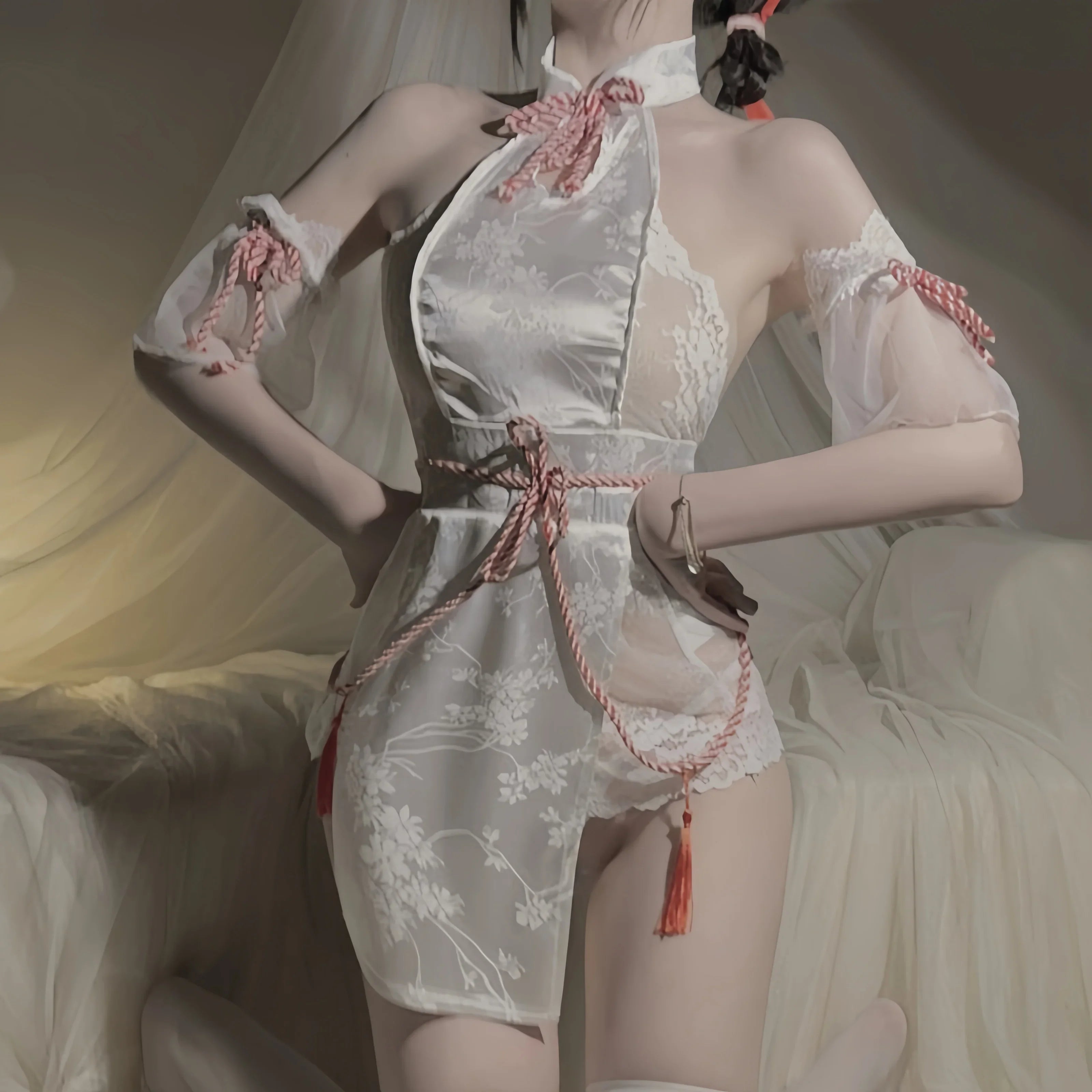 Temptation Backless Flirtatious Slit Lingeri Cheongsam Stand Up Collar Drawstring Hip Hugging Antique Style Lace Pajama Set