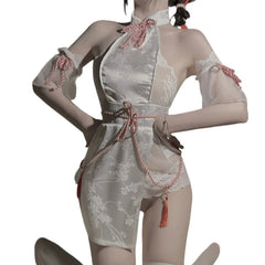Temptation Backless Flirtatious Slit Lingeri Cheongsam Stand Up Collar Drawstring Hip Hugging Antique Style Lace Pajama Set