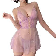 Temptation Flirtatious Sweet Sleeveless Suspender Dress Backless Polka Dot Perspective Mesh Nightgown Lace Lingerie's