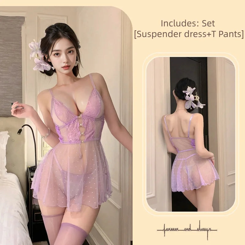 Temptation Flirtatious Sweet Sleeveless Suspender Dress Backless Polka Dot Perspective Mesh Nightgown Lace Lingerie's