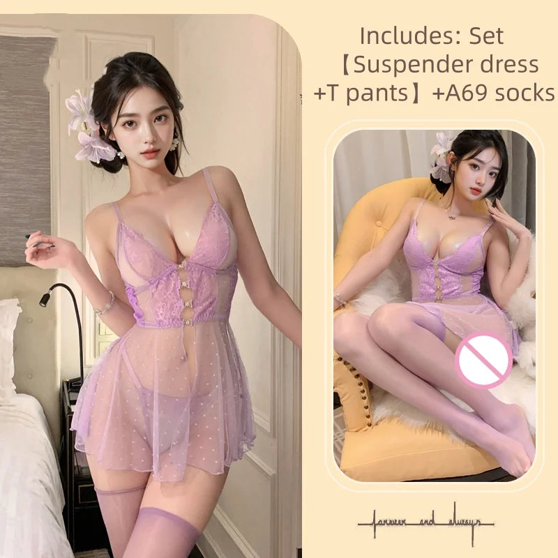 Temptation Flirtatious Sweet Sleeveless Suspender Dress Backless Polka Dot Perspective Mesh Nightgown Lace Lingerie's