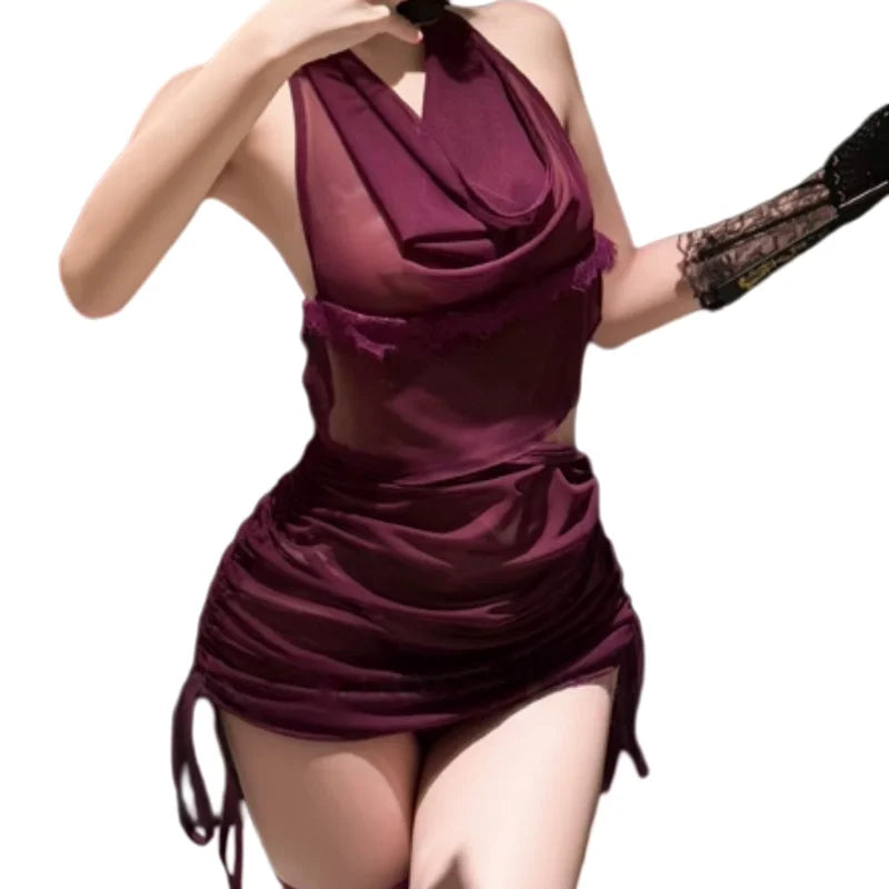 Temptation Thin Version Purple Perspective Backless Lingerie Hanging Neck Swinging Collar Mesh Nightgown Split Drawstring