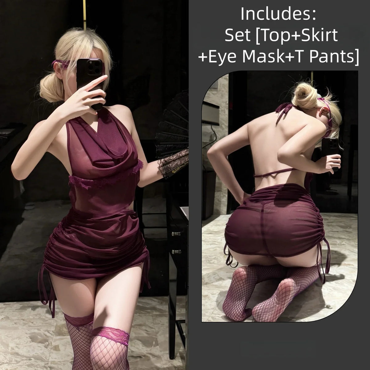 Temptation Thin Version Purple Perspective Backless Lingerie Hanging Neck Swinging Collar Mesh Nightgown Split Drawstring
