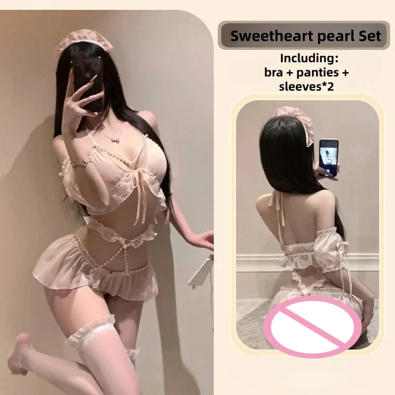The Style of Atmosphere Sweet Girl Pure Desire Three-point Bikini Girl Breastless Pearl Halter Lingerie