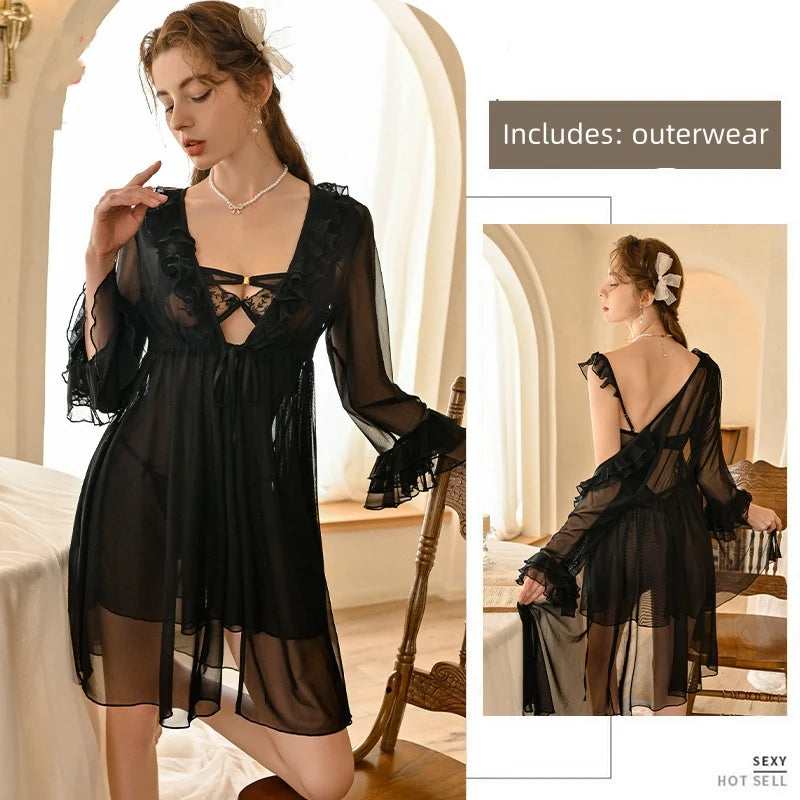 Thin Version Backless Romantic Home Wear Nightgown Suspender Dress Sleeveless Tight-fitting Lace Mesh