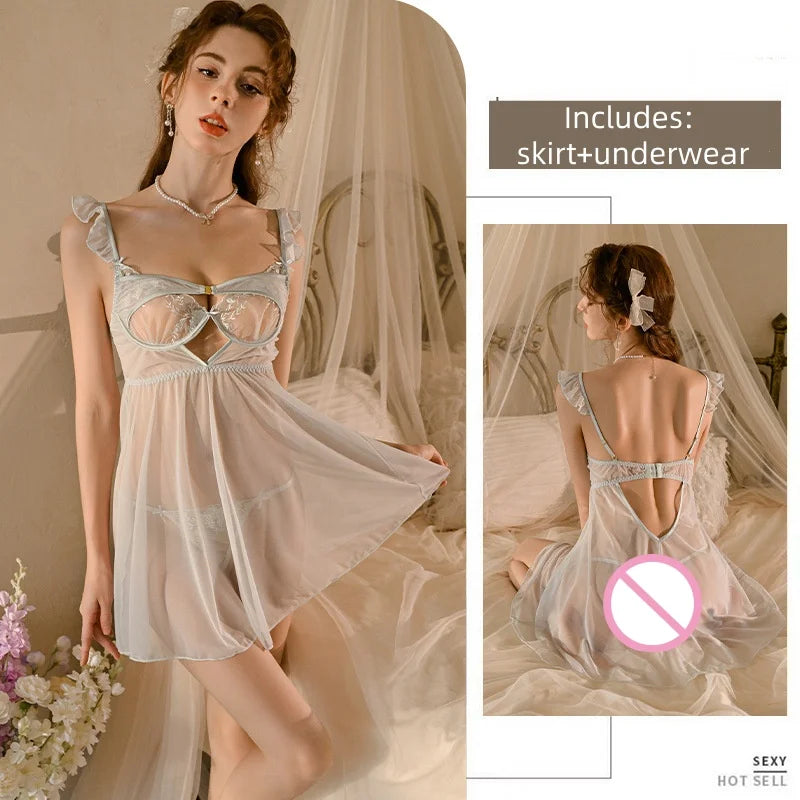 Thin Version Backless Romantic Home Wear Nightgown Suspender Dress Sleeveless Tight-fitting Lace Mesh