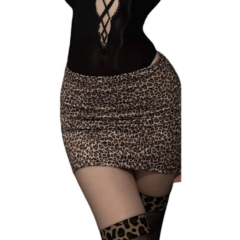Tight-fitting Temptation Oil Gloss Jumpsuit Leopard Print Hip Hugging Skirt See Through Secretary Uniform Lingerie Woman