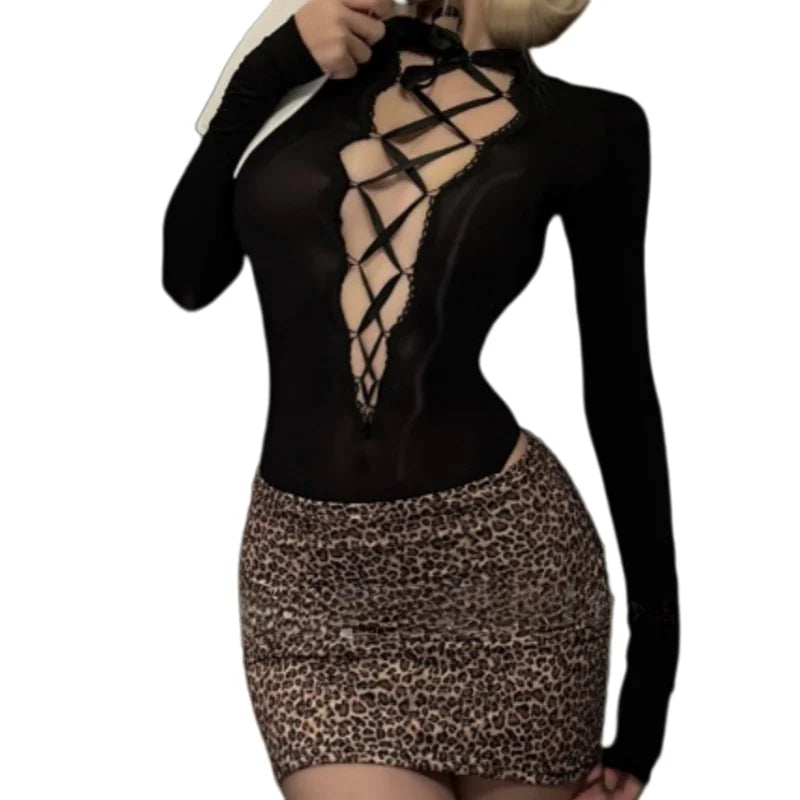 Tight-fitting Temptation Oil Gloss Jumpsuit Leopard Print Hip Hugging Skirt See Through Secretary Uniform Lingerie Woman