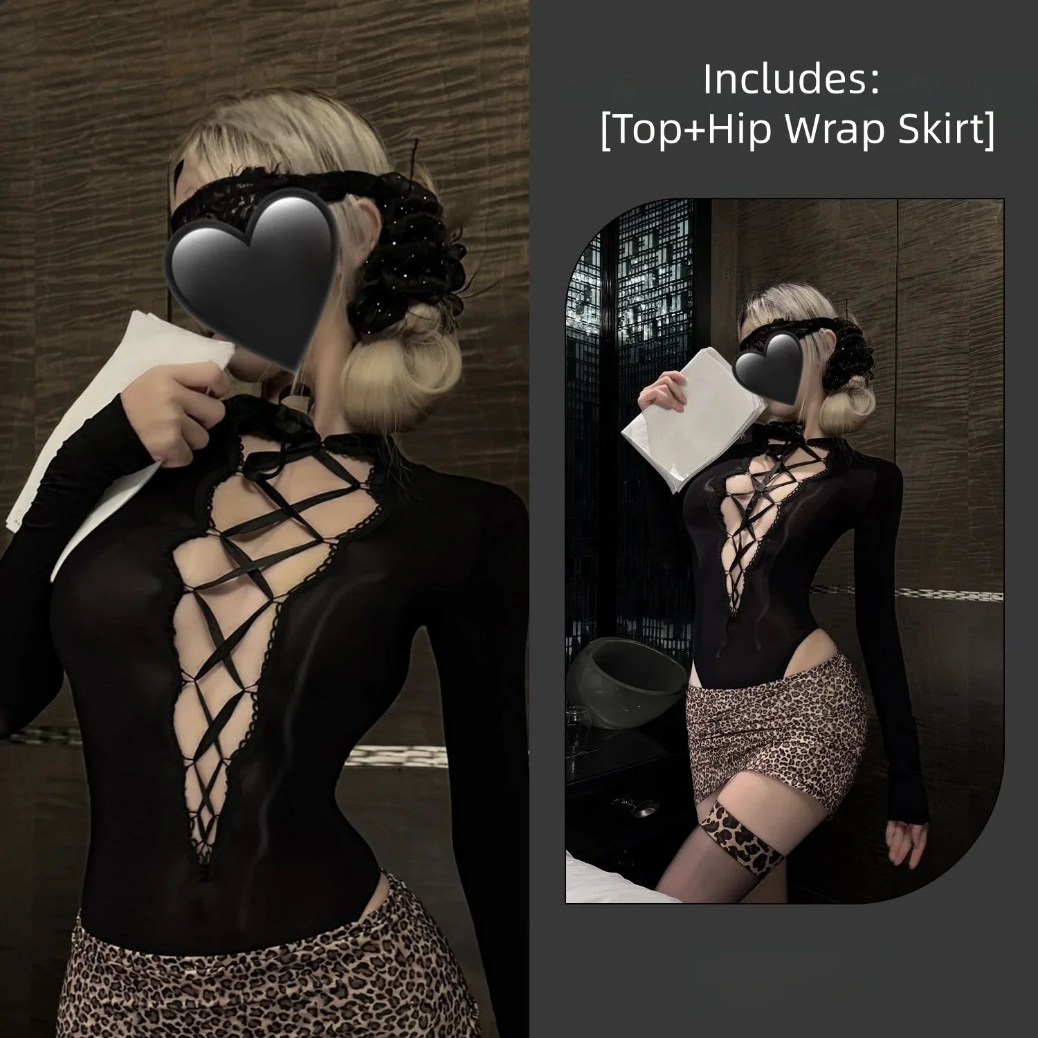Tight-fitting Temptation Oil Gloss Jumpsuit Leopard Print Hip Hugging Skirt See Through Secretary Uniform Lingerie Woman