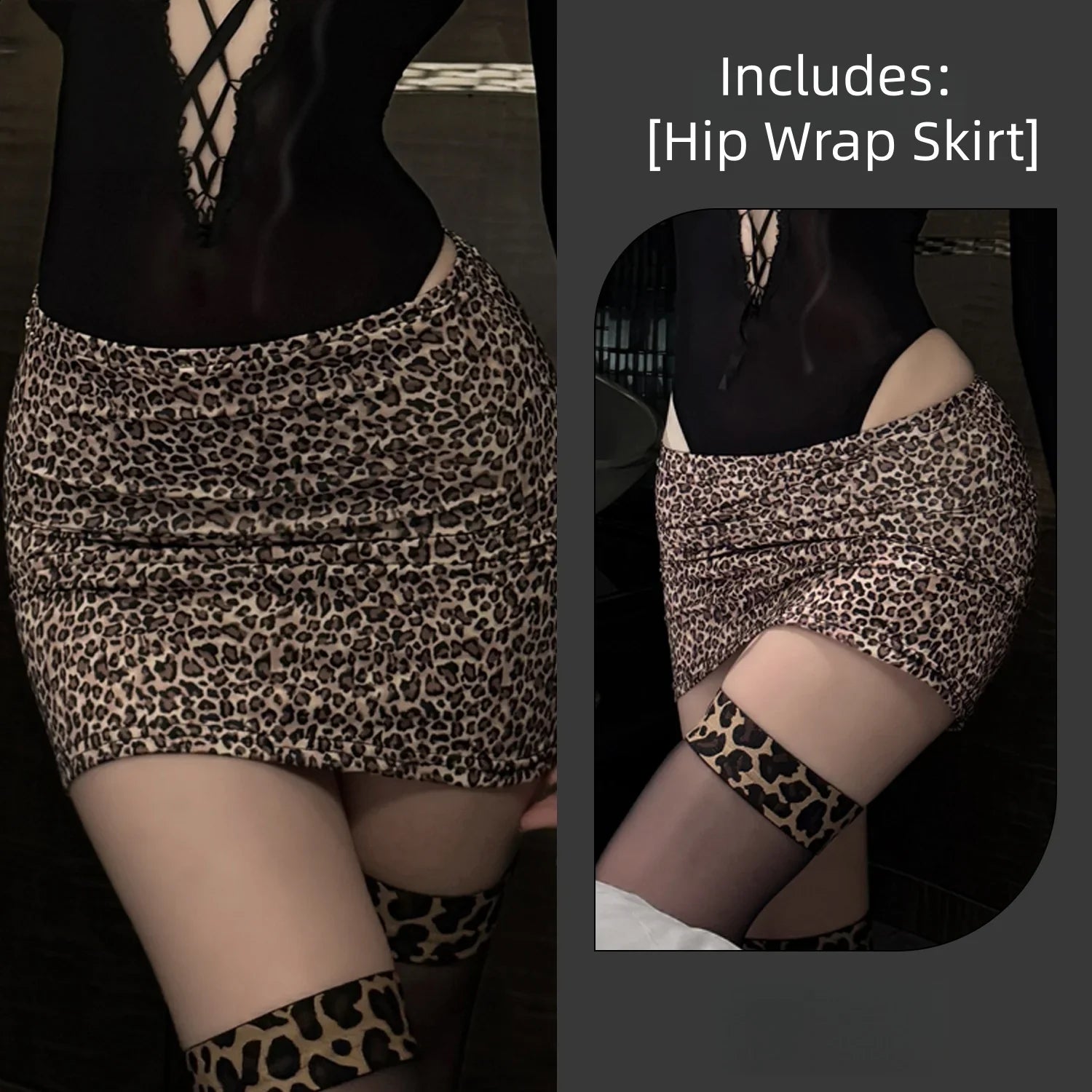 Tight-fitting Temptation Oil Gloss Jumpsuit Leopard Print Hip Hugging Skirt See Through Secretary Uniform Lingerie Woman