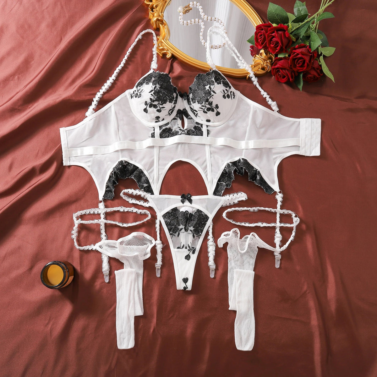 Transparent Tulle Embroidered Bra And Brief With Stockings Lingerie Set
