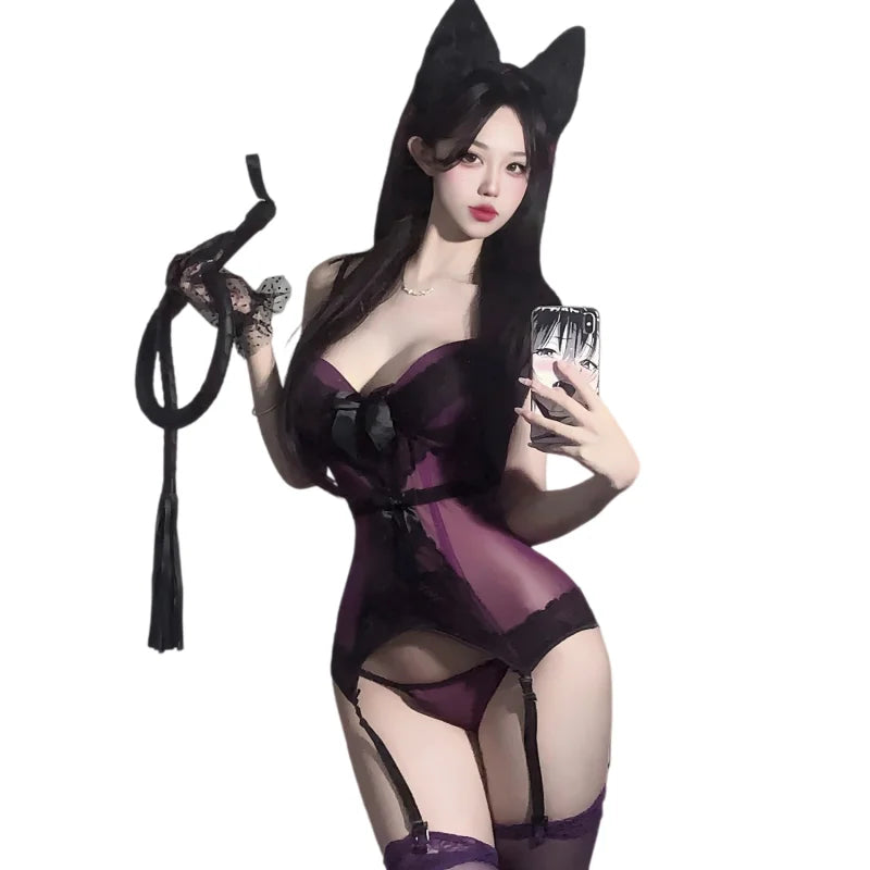 Two-piece Set Off-shoulder Slit Backless Purple Queen Fish Bone Waist Vest Lace Mesh Waist Steel Circle Jumpsuit Underwear