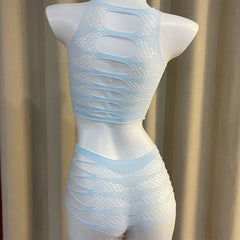 Two-piece Set Tearable Hollow Mesh Clothing Lingerie Neck Hanging Mesh Clothing Uniform Passionate Non Removable Set