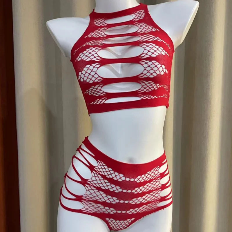 Two-piece Set Tearable Hollow Mesh Clothing Lingerie Neck Hanging Mesh Clothing Uniform Passionate Non Removable Set