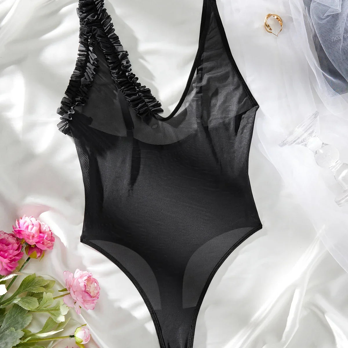 U-neck see through mesh lace lingerie 2025 and customizable jumpsuit