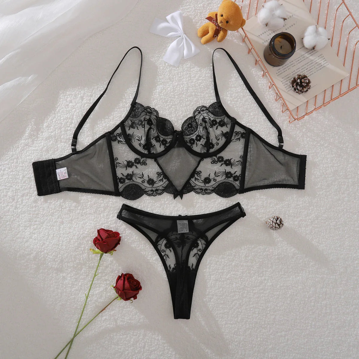 Ultra Thin Embroidery Lingerie Set Lingerie Set Bra And Transparent Sheer Black Open Lingerie
