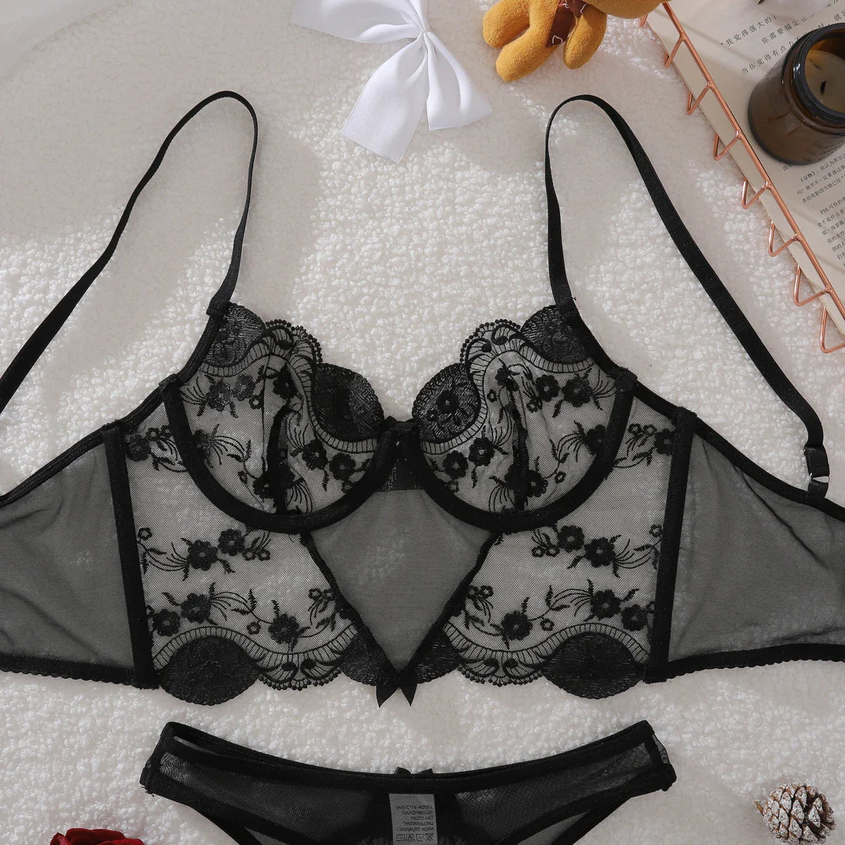 Ultra Thin Embroidery Lingerie Set Lingerie Set Bra And Transparent Sheer Black Open Lingerie