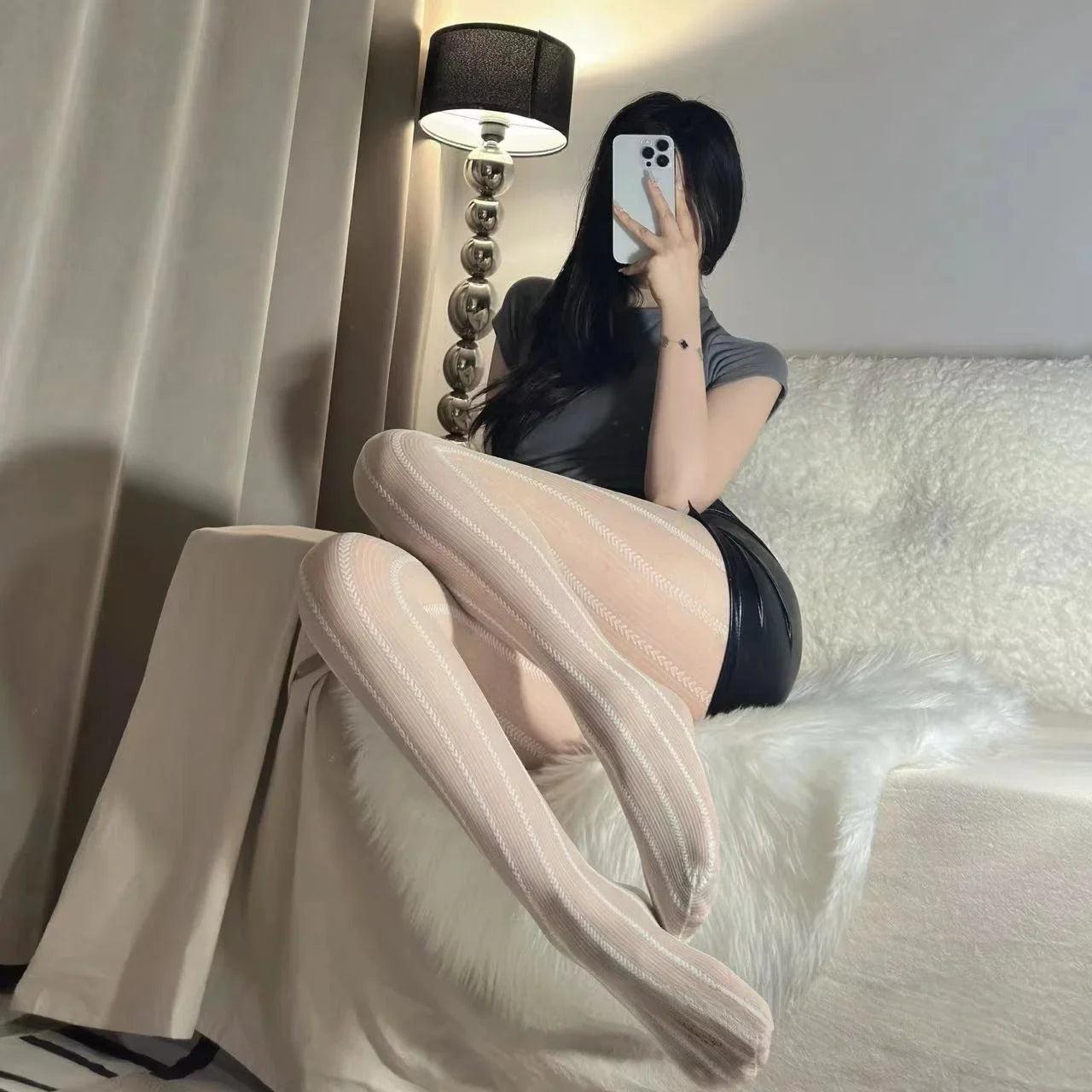 Versatile Heavy-duty Millennial Girl Black Stockings with Dark Vertical Stripes and Hearts Ultra-thin Slimming Lingerie