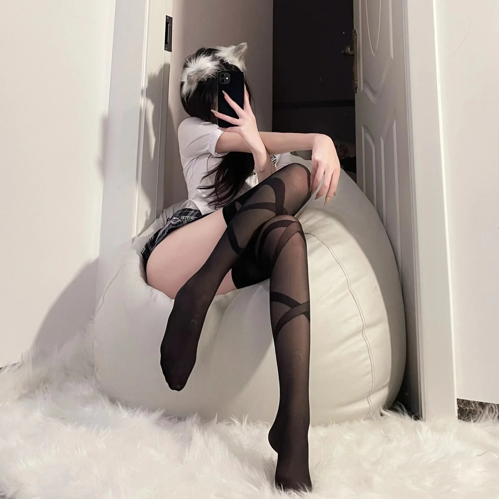 Versatile Seductive Strappy Pure Desire Thin Girl Black Stockings Over-the-knee Thigh-high Socks Stockings