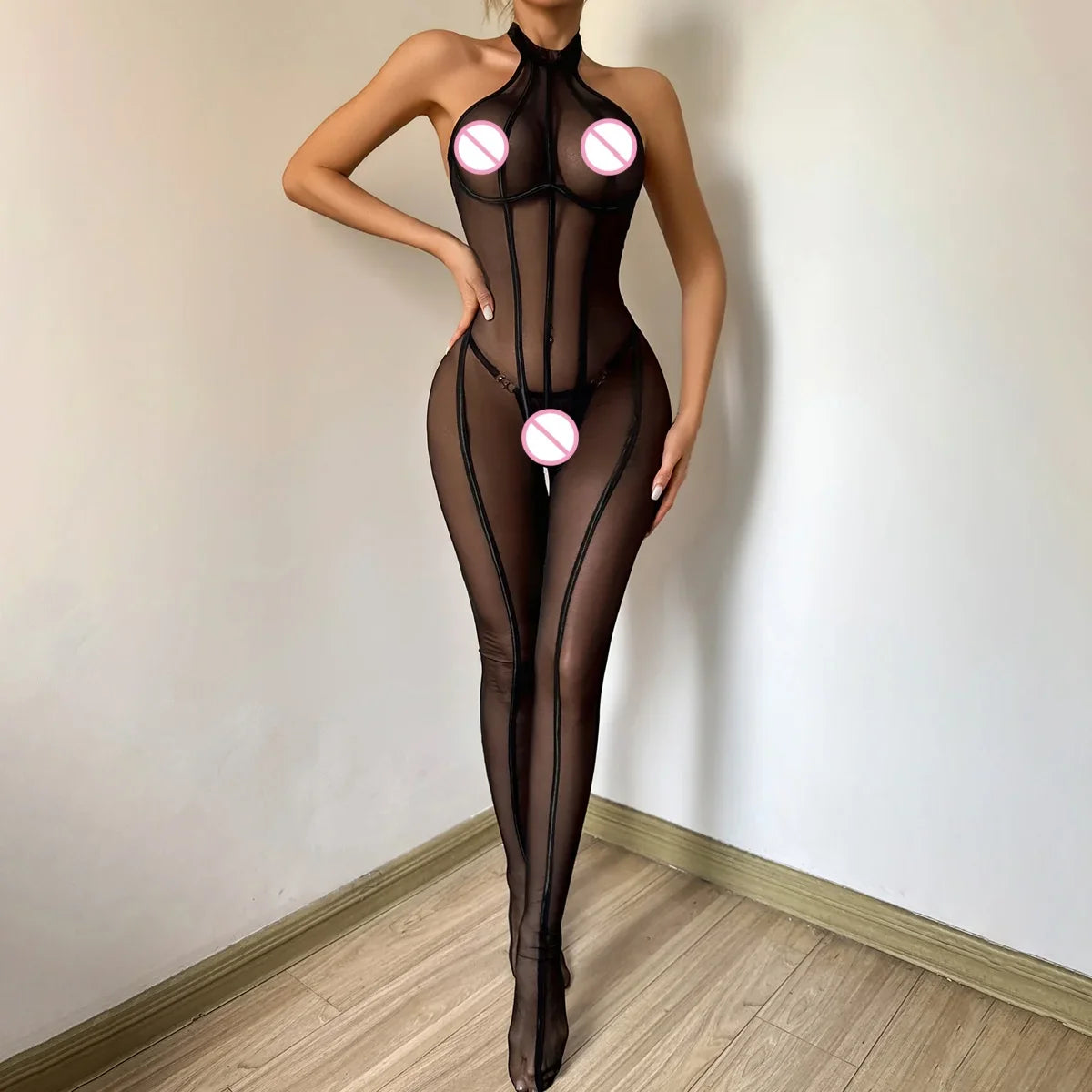 Vertical stripe 2025 slimming see through sheer slim fit and hanging neck jumpsuit
