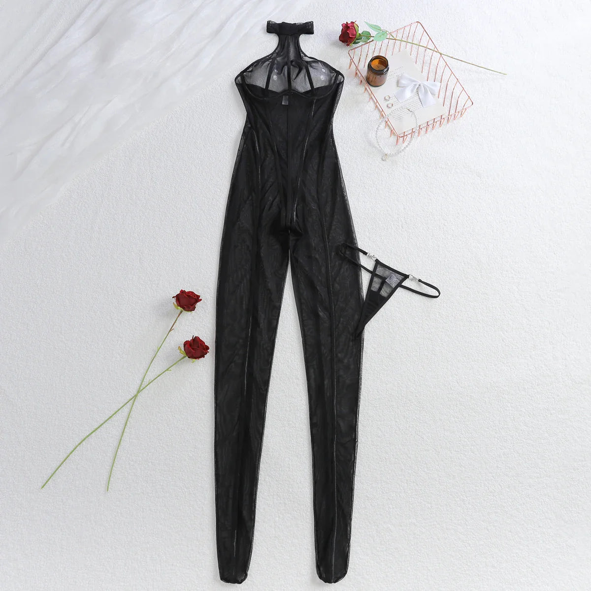 Vertical stripe 2025 slimming see through sheer slim fit and hanging neck jumpsuit