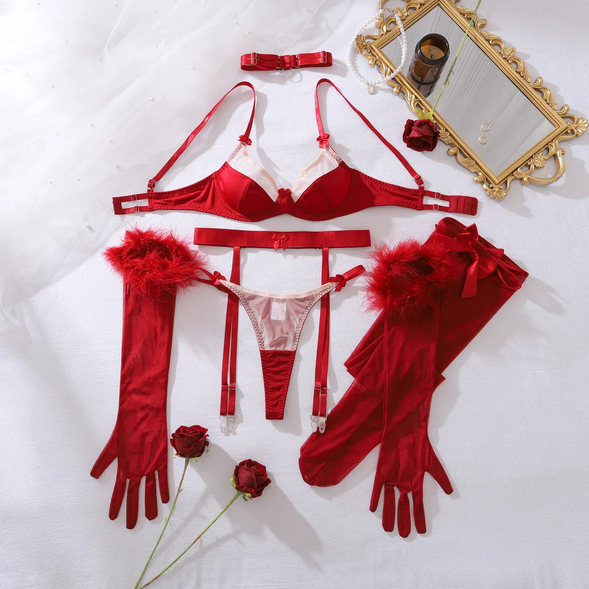 Wine red bow decoration shaping lingerie split set with see through stockings and gloves