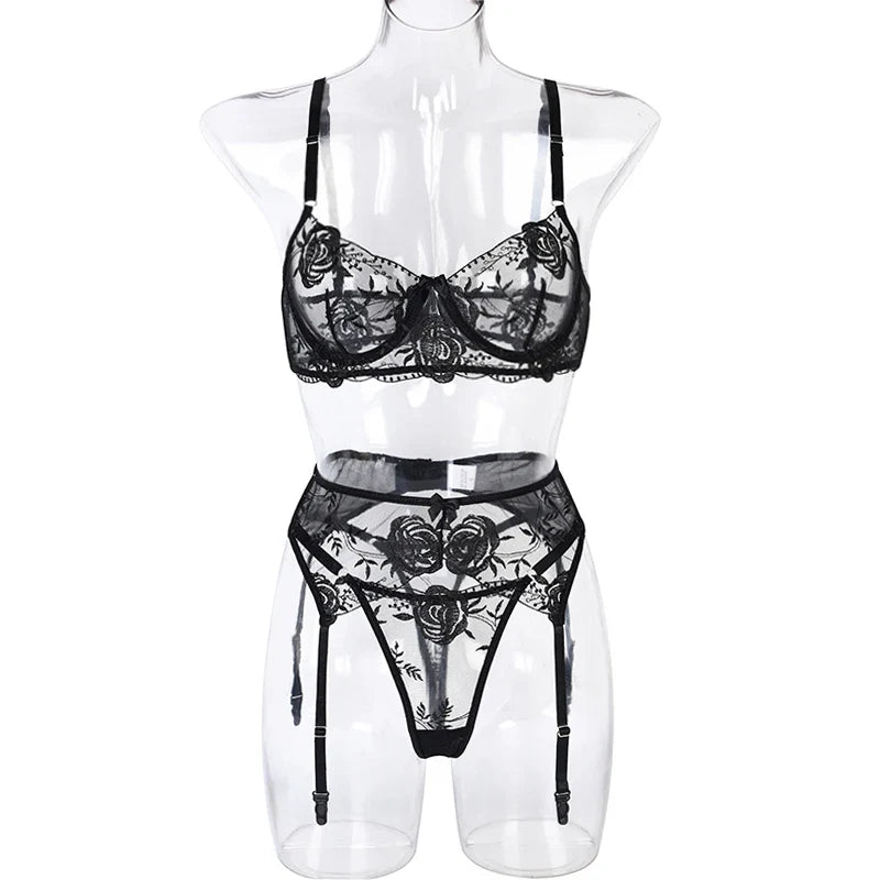Lace Embroidery Bra Set 3 Pieces Push Up Bra Lingerie Sets Erotic Costumes Mesh Patchwork Perspective