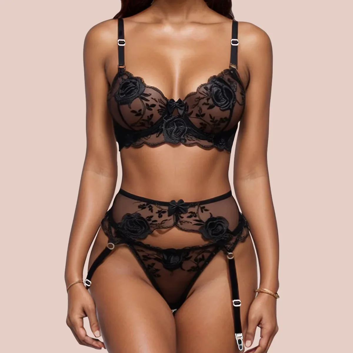 Lace Embroidery Bra Set 3 Pieces Push Up Bra Lingerie Sets Erotic Costumes Mesh Patchwork Perspective