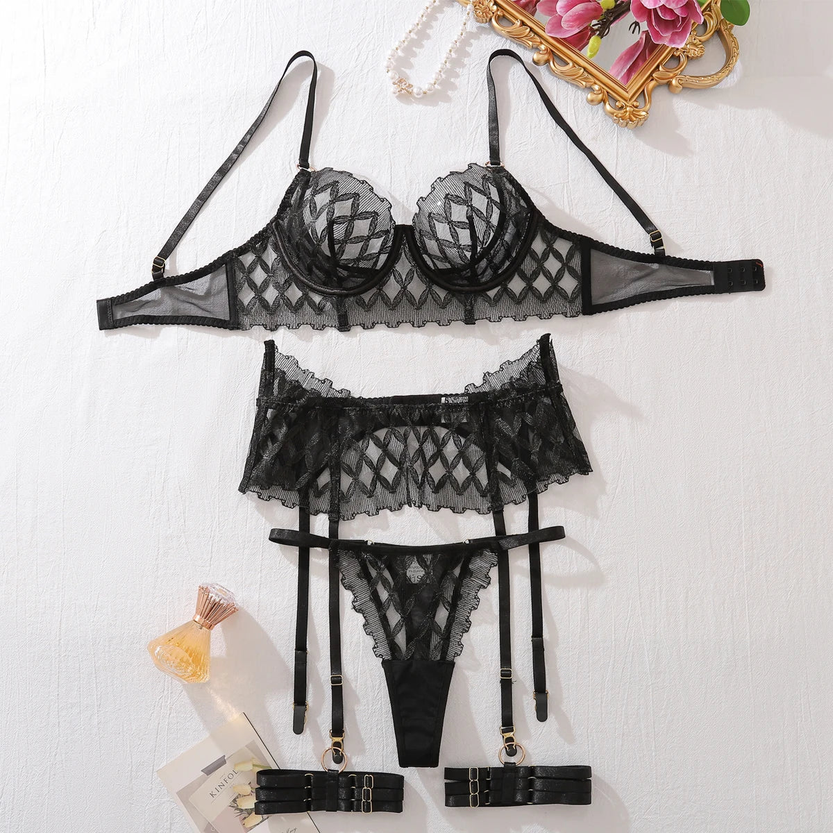Lace Bra Set Geometric Style Mesh see-through Shaping Exotic Lingerie Panty four-piece Set