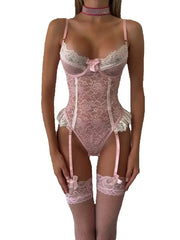 Lingerie Set Open Bra Push Up Underwear Perspective Lace Crotchless Babydoll Dress Stockings